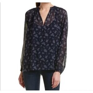 VINCE Calico Silk Floral Pleat V Neck Balloon Long Sleeve Coastal Blue Blouse S‎